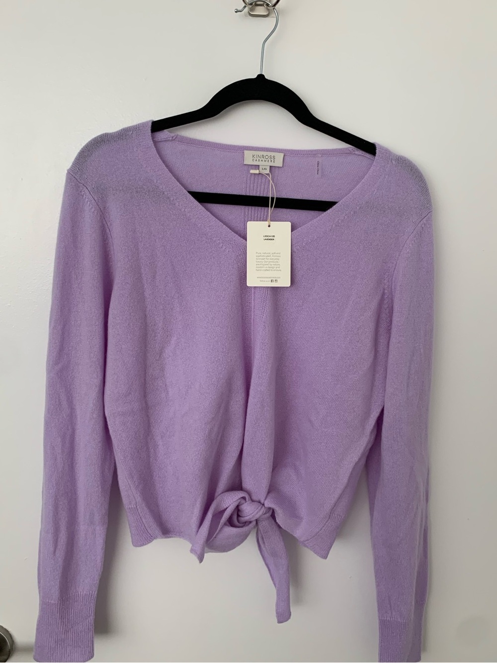 Kinross 100% cashmere front vee tie sweater lavender NWT